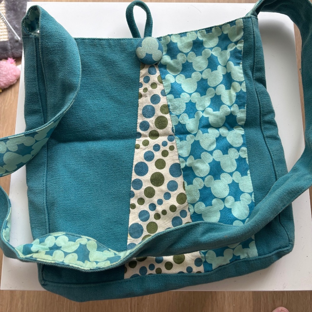 Teal Patchwork Crossbody Bag with Mickey Pattern Lining